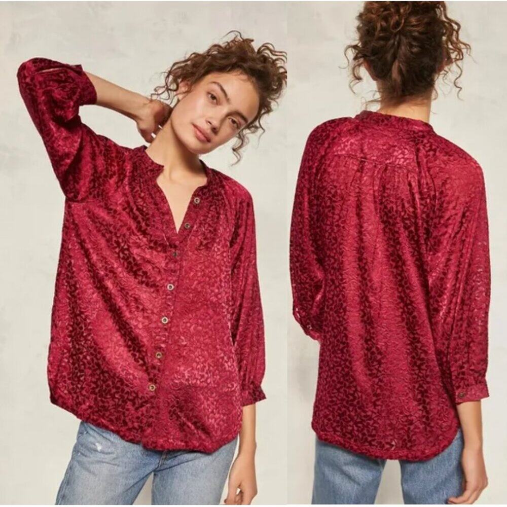 Anthropologie Susanna Red Burnout Velvet Button Front Blouse